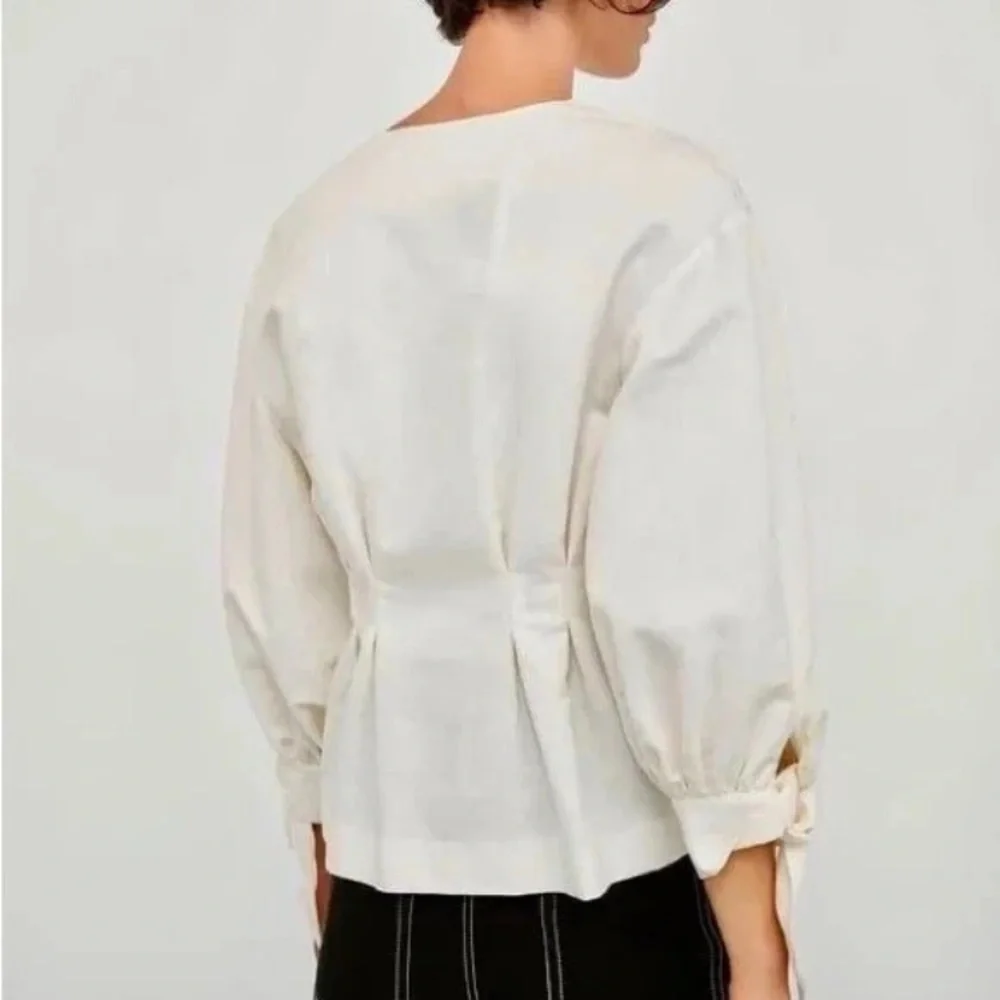 Zara Button-up Blouse w/Bows Linen‎ Puff Sleeve Blouse Pleated Top S classic